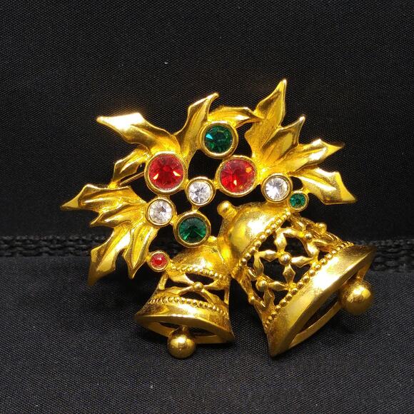 Avon Christmas Bells Brooch, Multicolored Rhinestones, 1960s Jewelry - Picture 8 of 10